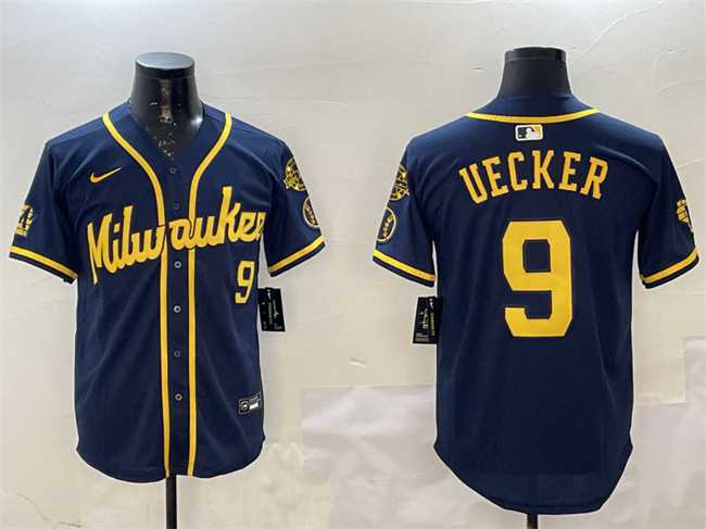 Mens Milwaukee Brewers #9 Bob Uecker Navy With Home Patch Limited Stitched Jersey